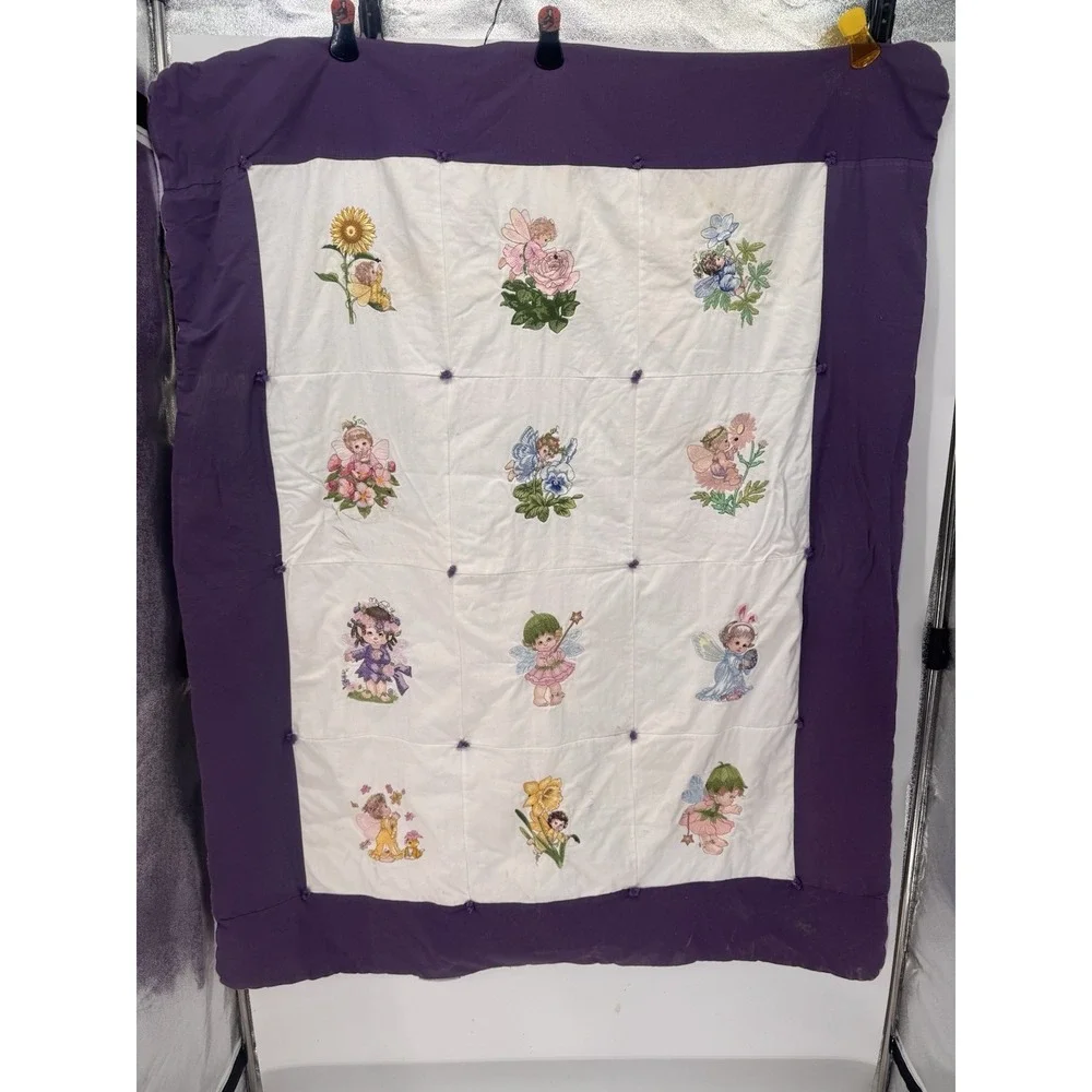 Vintage Handmade Fairy Quilt Embroidered Flower Baby Blanket Purple Cottagecore